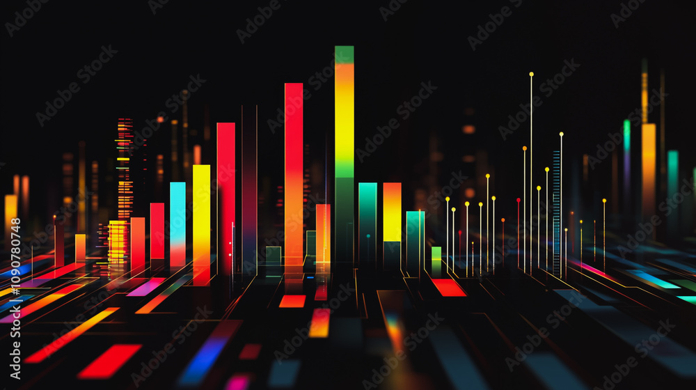 Abstract black background with 3D Colorful charts and graphs with statistics to innovative analyze business potential and forecast future development of companies growth. Abstract black background with 3D Colorful charts and graphs with statistics to innovative analyze business potential and forecast future development of companies growth.