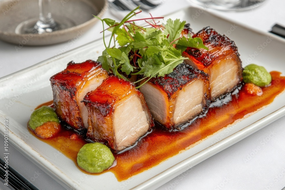Sliced Braised Pork Belly with Green Sauce Garnish Chinese food Sliced Braised Pork Belly with Green Sauce Garnish Chinese food