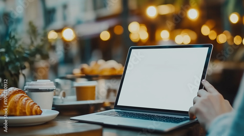 In a relaxed cafe setting, a woman holds a laptop with a blank screen, with a blurry breakfast setup featuring coffee and croissants in the background.