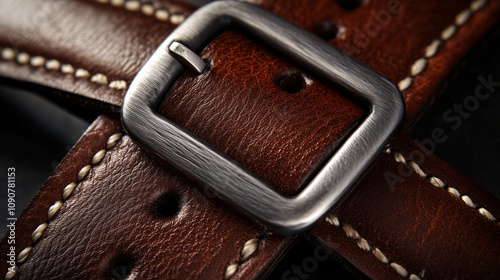 A close-up of a leather belt buckle in brushed metal, attached to a rich mahogany leather strap with visible stitching photo