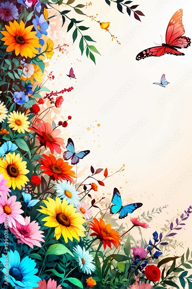 Fototapeta premium Watercolor painting of flowers and butterflies