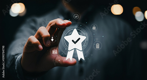 A digital star symbol featuring verification and quality management marks, legal compliance, and a guarantee is held by a professional. standardization management, business process automation, and qua photo