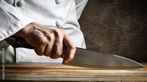 A chef's hands expertly grip a knife, poised above a cutting board, ready to transform fresh ingredients into a culinary masterpiece with precision and skill.