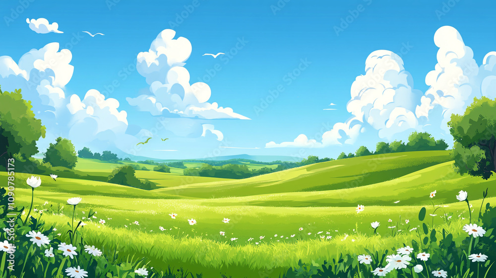 Fototapeta premium Vibrant green meadow under a clear blue sky filled with fluffy clouds
