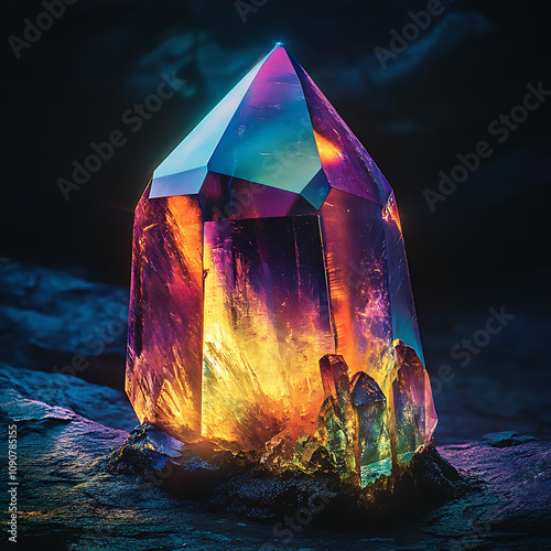 glowing iridescent crystal, reflecting a spectrum of colors depending on the angle of view photo