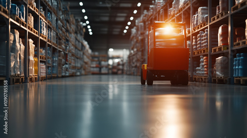 Brightly lit grocery warehouse with an organized layout; a pallet truck loaded with goods sits in the aisle, perfect for showcasing trade visuals and text.