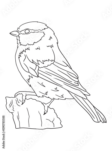 Black and white bird illustration perfect for coloring books, adult coloring pages, or creative art projects. Features intricate details and nature-inspired design