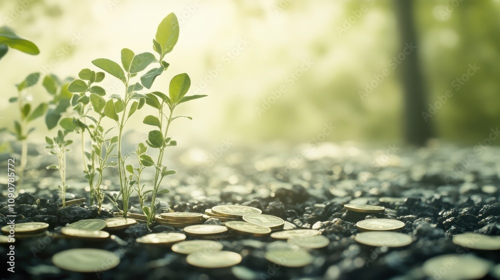Fototapeta premium Green Seedlings Growing from Ground Covered with Coins Symbolizing Prosperity, Investment, Nature, and Financial Growth in a Soft Focus Setting