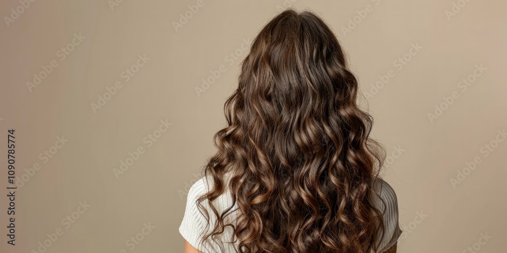 Fototapeta premium Back View of a Woman with Long, Wavy Brown Hair