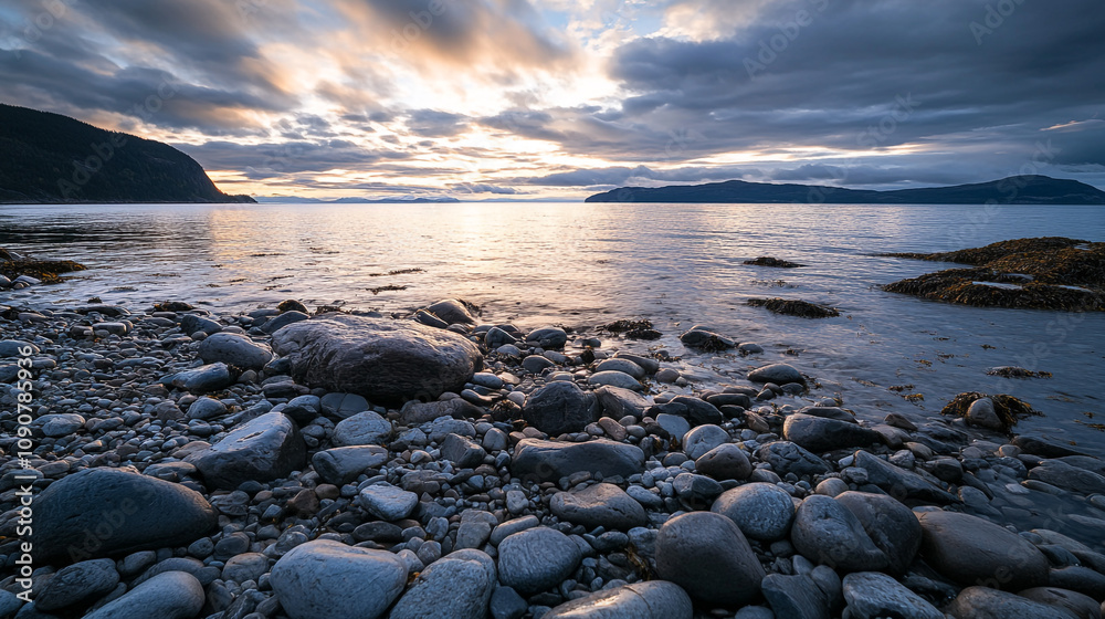 Obraz premium Stunning sunset over rocky shore with calm water and striking sky colors