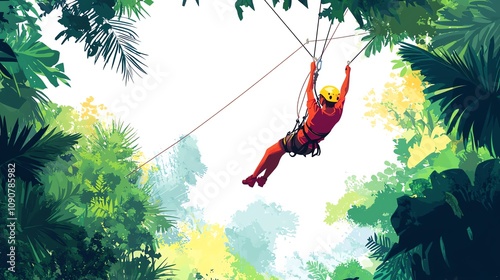 a 2D cartoon illustration of a person zip-lining through a jungle, thrilling and fun, white background--ar 16:9 photo