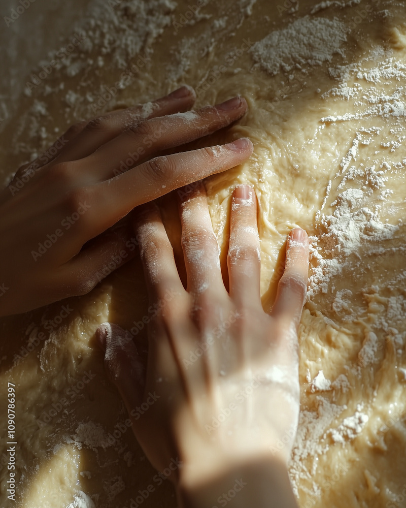 Fototapeta premium young baker's hands pressing down on dough with sunlight highlighting flour dust