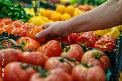 Shopper Choosing Ripe Tomatoes in a Colorful Grocery Display Reflects Fresh Produce and Healthy Eating Choices for Culinary Enthusiasts and Home Cooks photo