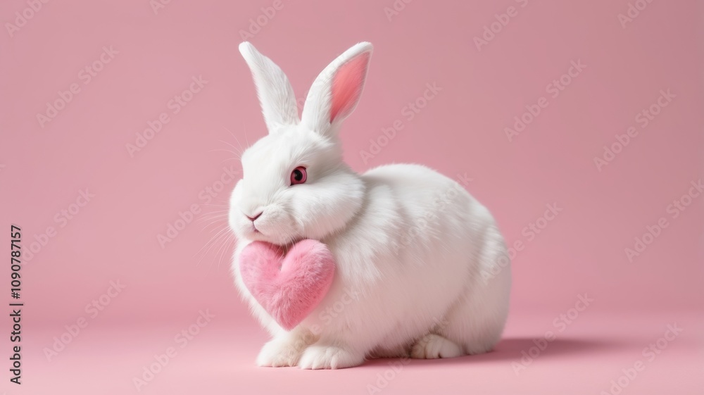 Fototapeta premium A charming white rabbit adorned with a pink heart, set against a delightful pink background.