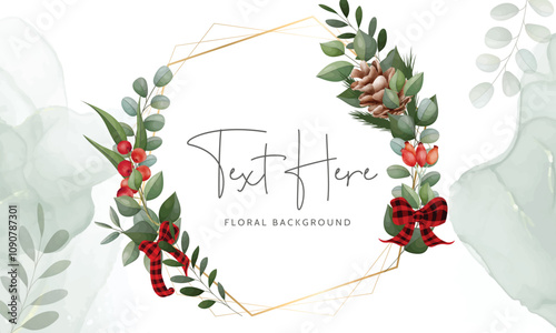 watercolor floral background with greenery leaves red berry and pine