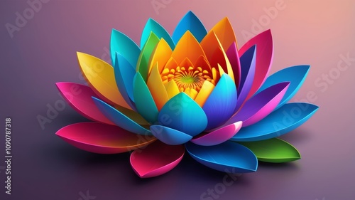 Colorful lotus flower blooming against a vibrant purple background, showcasing intricate petals and vivid hues.