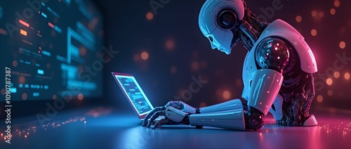 Artificial intelligence robot using laptop neon light futuristic technology 3d illustration banner