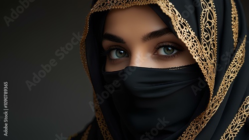 Stunning veiled woman with only captivating eyes visible, embodying mystery. Representing royalty, princess, or sorceress. Female wearing Niqab, Burqa, Hijab, Chador, or Ghoonghat photo