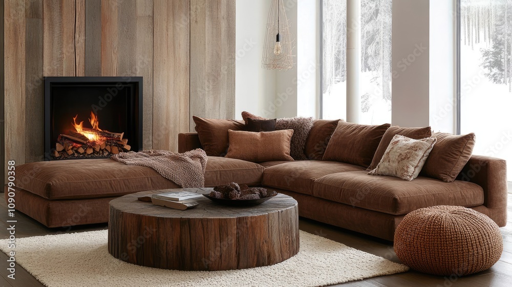 Fototapeta premium Cozy L-shaped sectional sofa in a modern living room with fireplace and wooden accents.