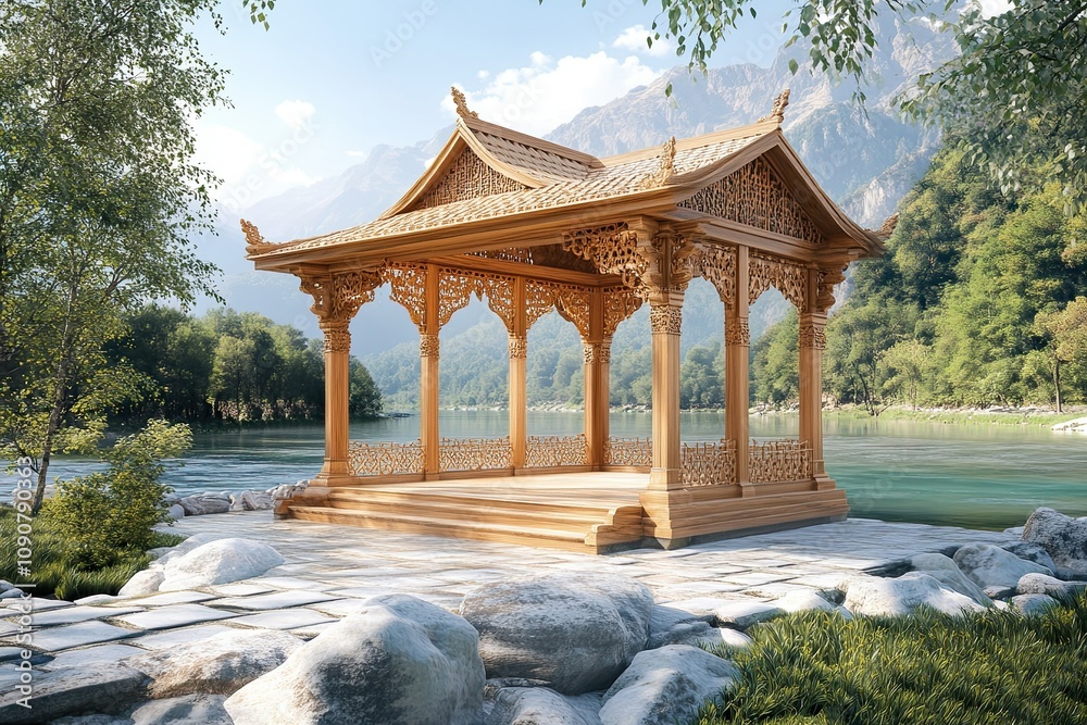 Naklejka premium light brown and gold traditional wooden pavilion with intricate royal carvings on the banks of a river with clear water 