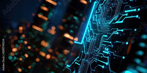 A close-up view of a futuristic circuit board illuminated with vibrant blue and orange lights against a dark background, showcasing technology and innovation.
