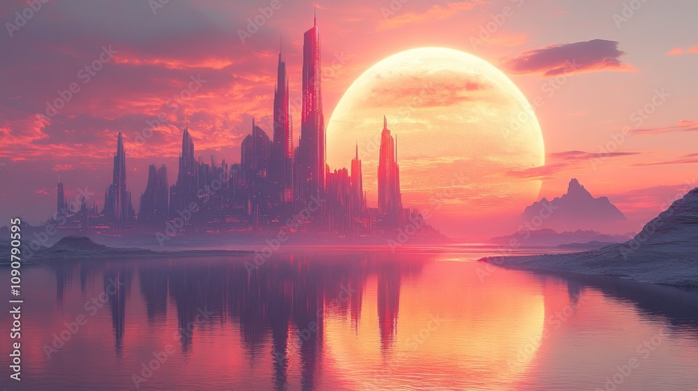 Naklejka premium A surreal landscape with a cityscape under a large moonrise.