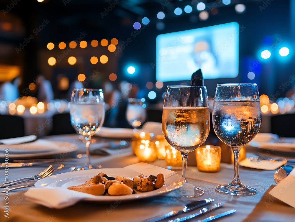 A corporate gala event with a formal dinner, stage, and award ceremony