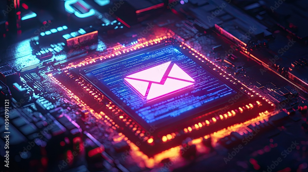 Obraz premium Email message icon glowing on a circuit board.