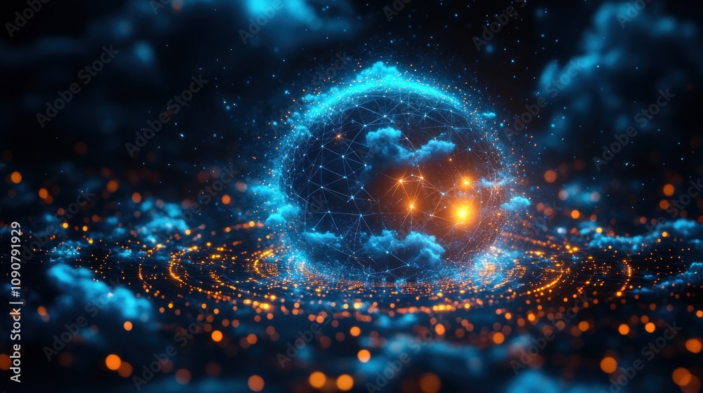 Fototapeta premium A glowing, interconnected globe surrounded by swirling clouds and lights.