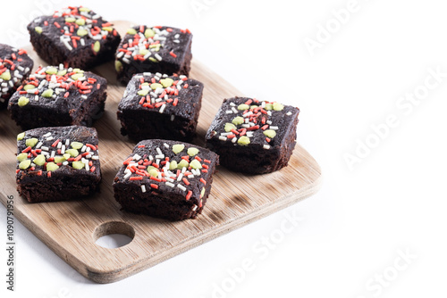 Christmas brownie isolated on white background. Copy space photo