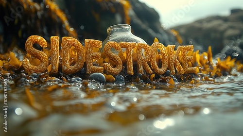 A bottle surrounded by seaweed with the word 