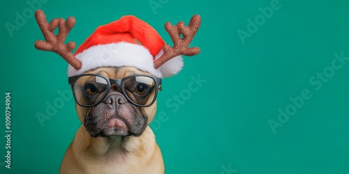 Fototapeta Naklejka Na Ścianę i Meble -  Merry Christmas concept holiday vacation winter funny animal pet greeting card - Cool french bulldog dog with sunglasses and santa claus hat, isolated on green background
