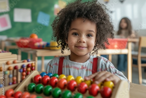 Obraz na płótnie Cute preschool student with curly hair smiling and learning numbers, playing with a colorful abacus on a classroom table, developing her mathematical skills w salonie
