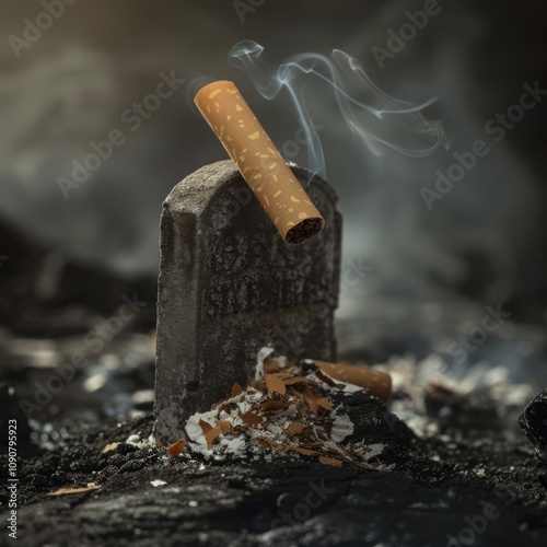 A Somber Tobacco Tribute: A Smoke-Billowing Cigarette Sticks Upright Against a Weathered Tombstone Surrounded by Ashes and Darkened Earth, Evoking Reflection and Loss