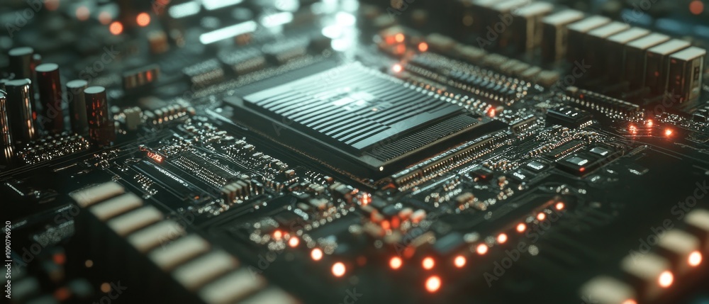 Fototapeta premium Close-up of a computer motherboard with a central processing unit.
