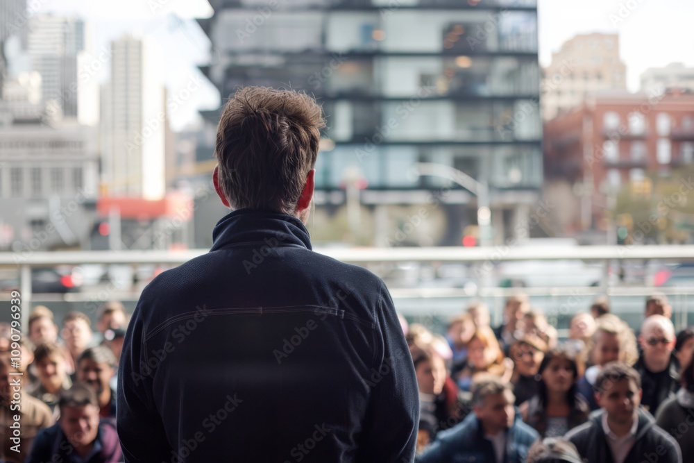 Fototapeta premium Enthusiastic Speaker Engages Large Audience During Outdoor Event in Urban Setting with Modern Architecture in Background