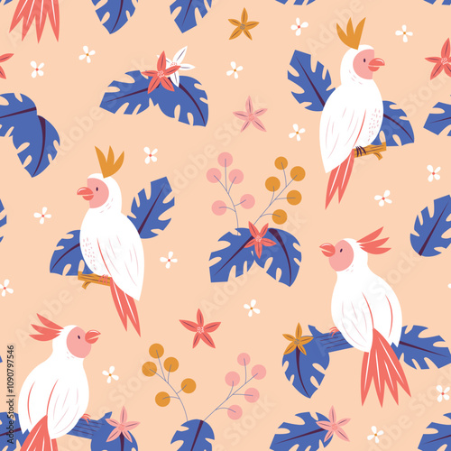 Pink Tropical Parrot Seamless Pattern