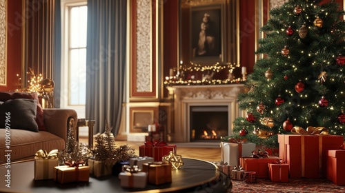 Christmas Decor in a Grand Living Room with Fireplace and Decorated Tree