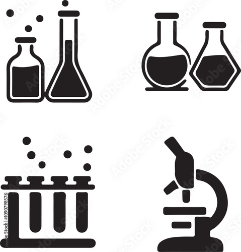 Collection of science icons. Includes various flasks, test tubes, a microscope, and a lab report. Simple, bold graphic style.