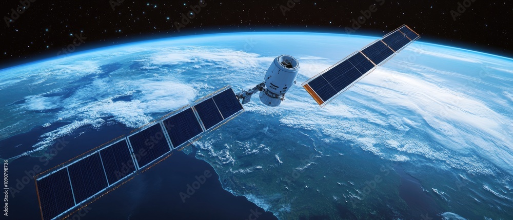 Fototapeta premium Satellite orbiting Earth, showing solar panels and Earth's curvature.