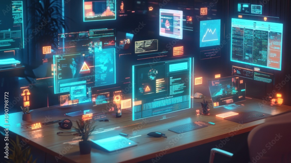 Fototapeta premium Futuristic workspace with holographic displays showing data analytics, graphs, and code.