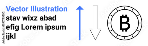 Blue upward arrow, black downward arrow, Bitcoin symbol inside a coin, and placeholder text. Ideal for financial websites, cryptocurrency trends, market analysis, investment platforms, blockchain