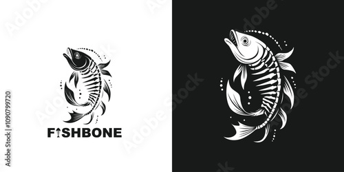 Fish bones vector logo, fish bone doodle illustration vector, fish logo template.