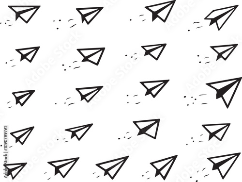 Flying Paper Airplanes set vector illustration. Paper Airplane vector. Hand drawn paper airplanes in flight.