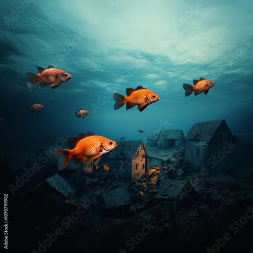 A sunken town at twilight, fish swimming among the remnants of homes photo