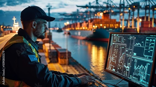A worker monitors shipping data at a port, surrounded by containers and cranes in the background.