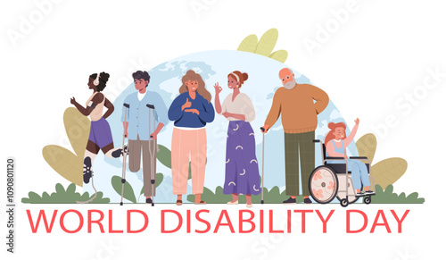World Disability day. Happy disabled diverse people together landing page, web banner concept. People with disability, diversity and inclusion. Flat cartoon vector illustration. Wheelchair, prosthesis