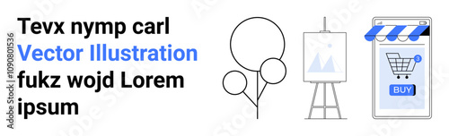 Balloons in circle frame easel holding canvas with geometric shapes mobile screen with shopping cart icon, blue BUY button. Ideal for art, education, online shopping, digital illustrations