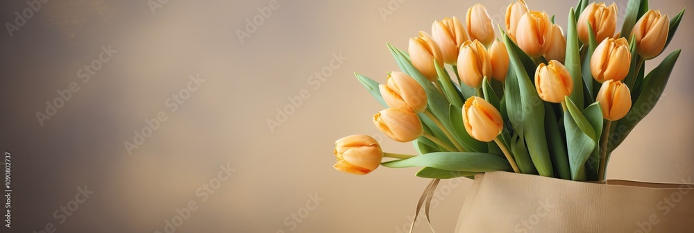 Obraz premium Elegant bouquet of yellow tulips in a rustic bag celebrating nature's beauty. Generative AI
