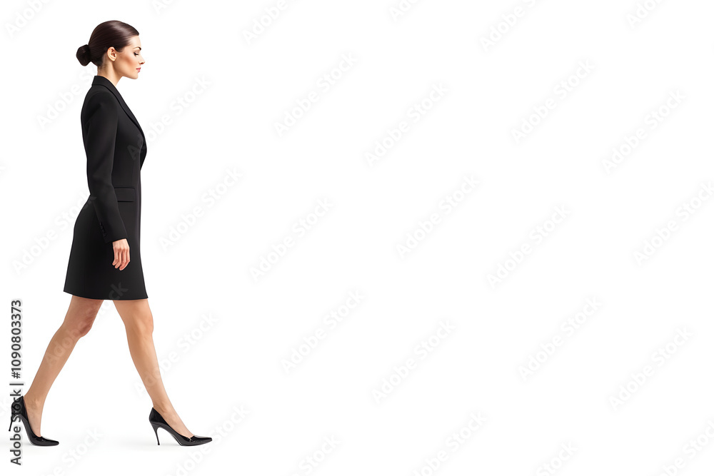 Elegant confident young woman in suit walking side view isolated on white background
Elegant confident young woman in suit walking side view isolated on white background